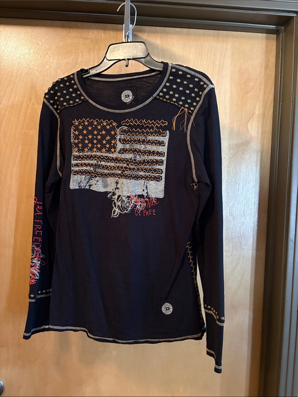 Double D Ranch United We Stand Black Long-Sleeve Tee with Distressed Flag/Studs